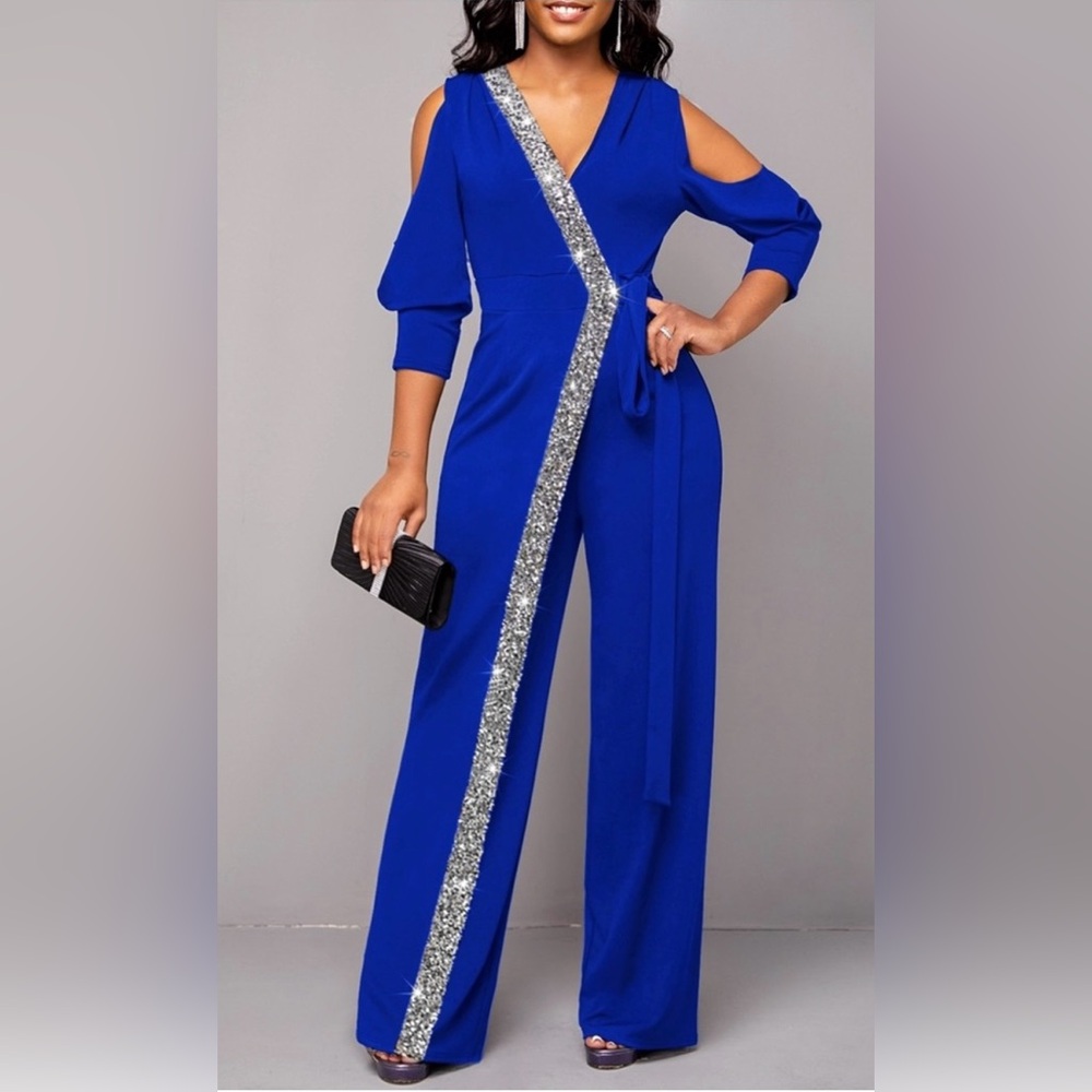 Rosewe Royal Blue Sequin V Neck Jumpsuit size XL